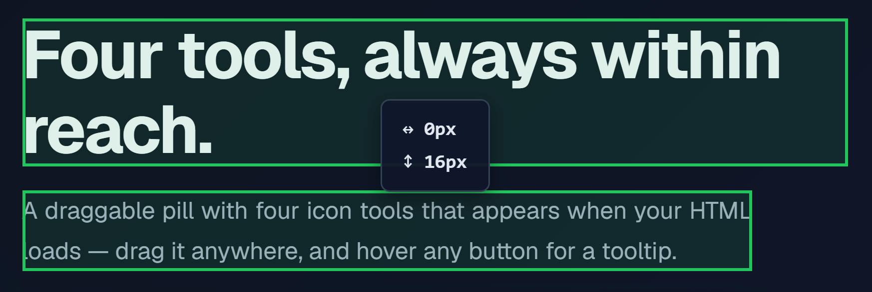 Measure mode showing pixel gap between two elements
